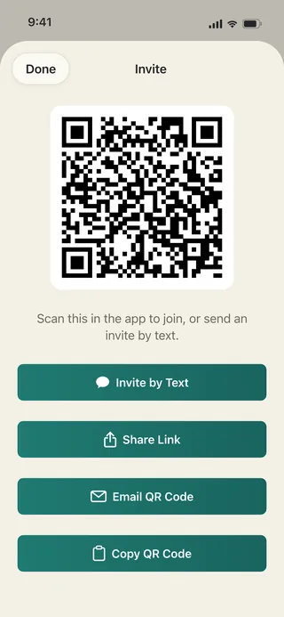 The Invite screen with a QR code and share buttons
