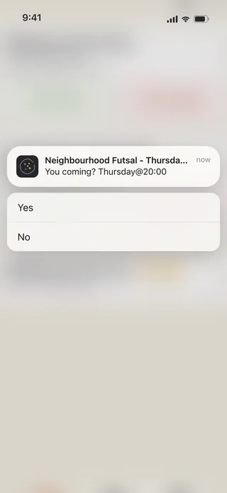 An RSVP reminder notification with Yes and No buttons